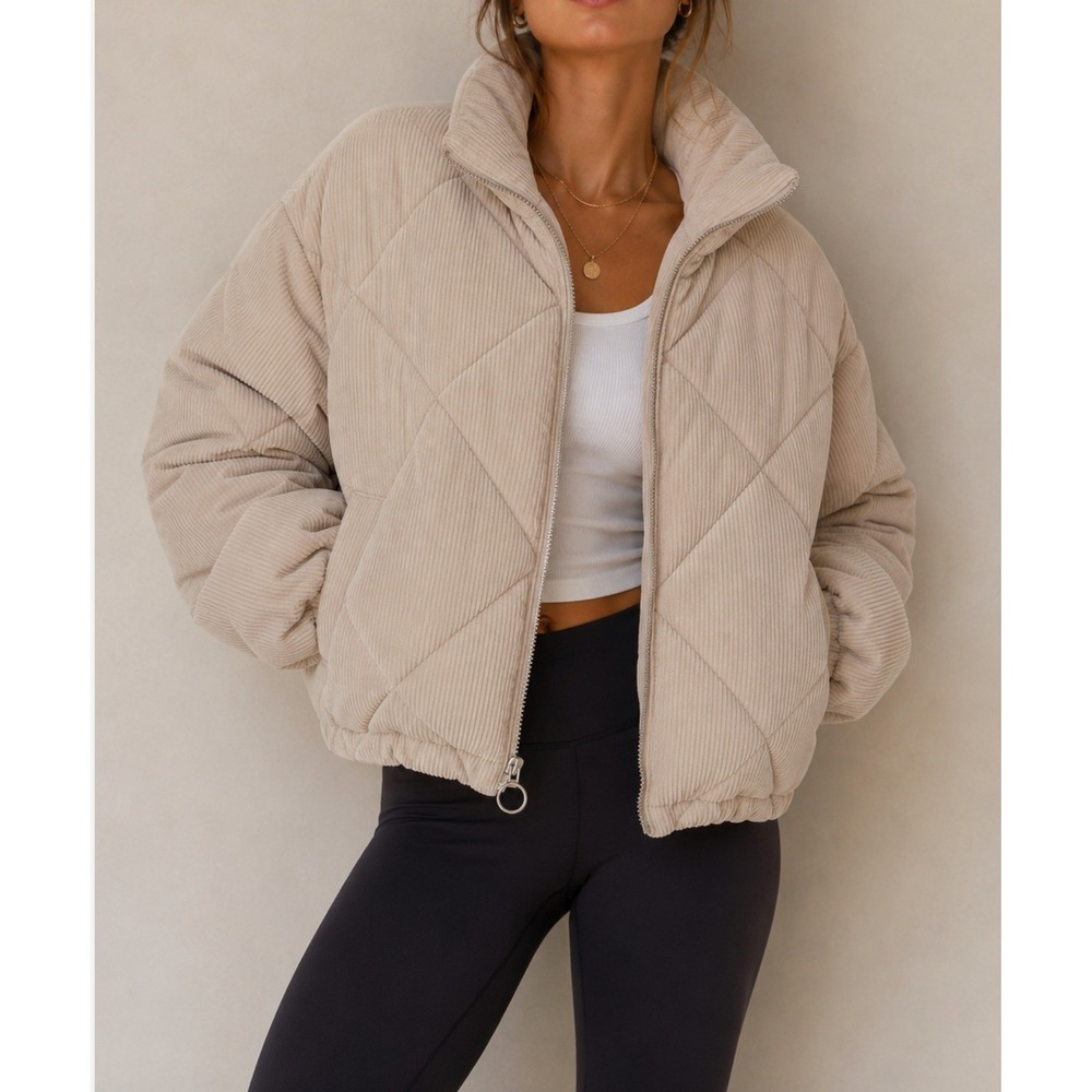 Topshop Beige Corduroy Quilted Puffer Jacket Funnel Neck Size 12 XL